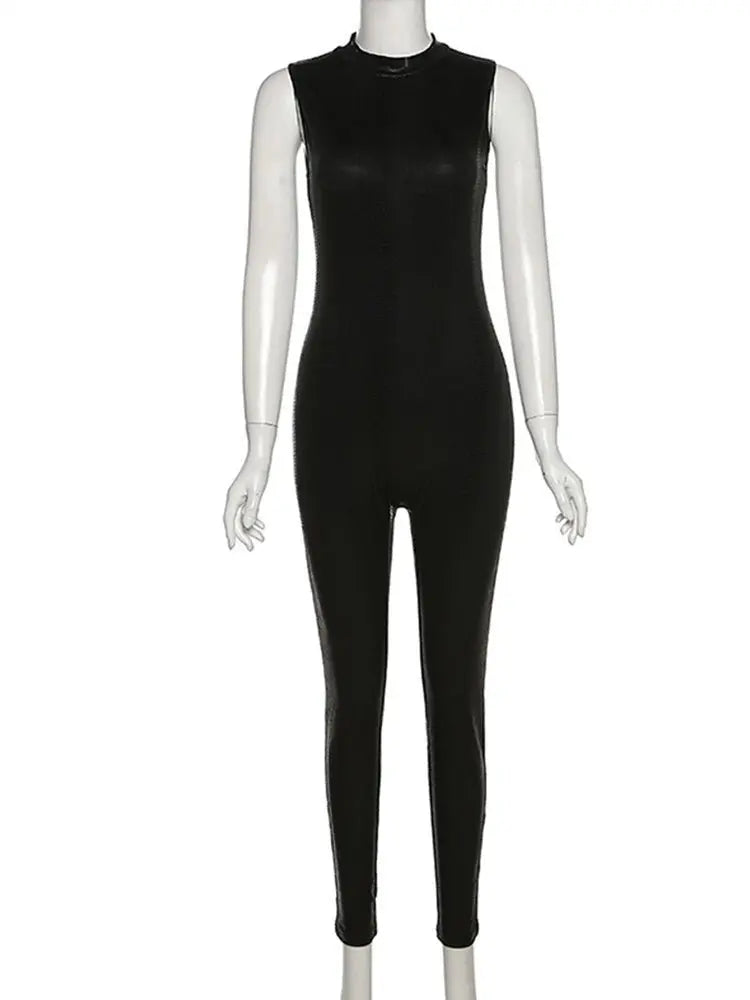 PU Leather Sleeveless Turtleneck Zipper Women Jumpsuit 2022 Casual Street Style Sports Fitness - Blade & Thread