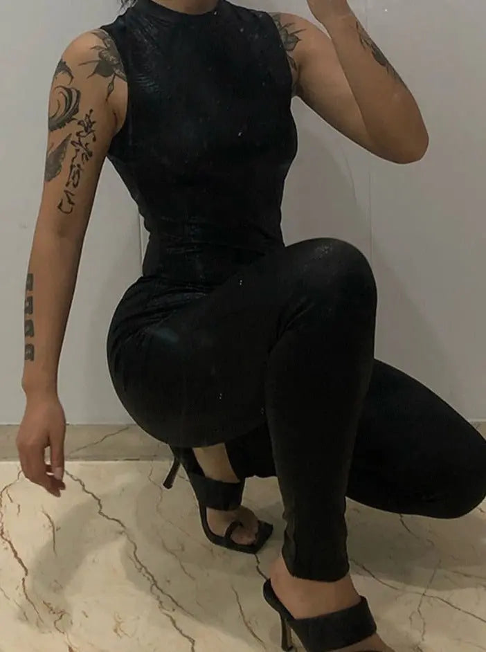 PU Leather Sleeveless Turtleneck Zipper Women Jumpsuit 2022 Casual Street Style Sports Fitness - Blade & Thread