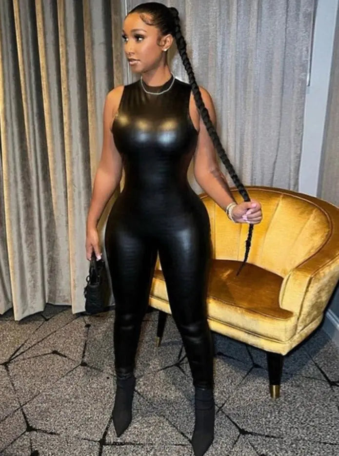 PU Leather Sleeveless Turtleneck Zipper Women Jumpsuit 2022 Casual Street Style Sports Fitness - Blade & Thread
