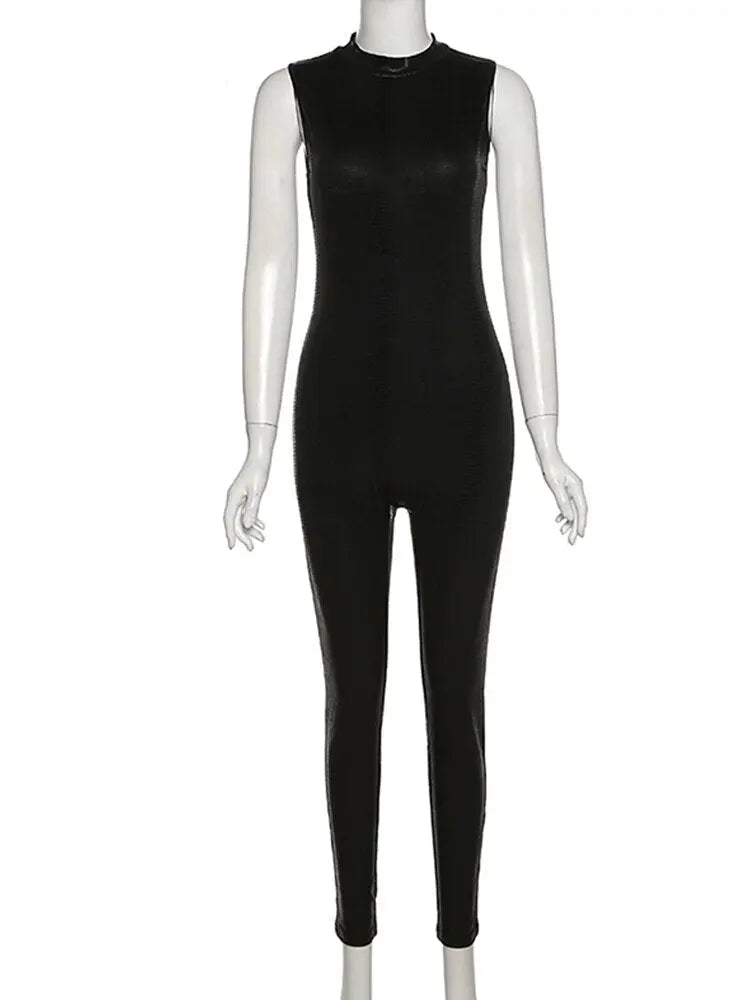 PU Leather Sleeveless Turtleneck Zipper Women Jumpsuit 2022 Casual Street Style Sports Fitness - Blade & Thread