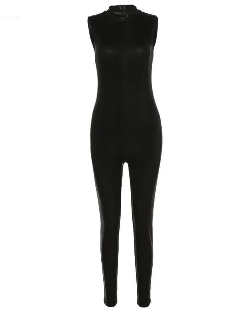 PU Leather Sleeveless Turtleneck Zipper Women Jumpsuit 2022 Casual Street Style Sports Fitness - Blade & Thread