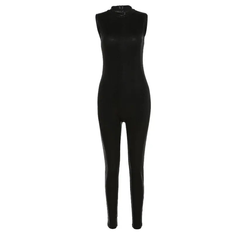 PU Leather Sleeveless Turtleneck Zipper Women Jumpsuit 2022 Casual Street Style Sports Fitness - Blade & Thread