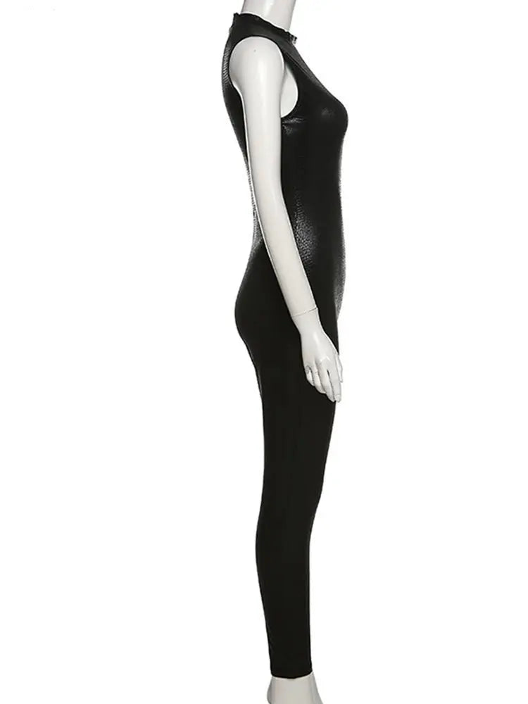 PU Leather Sleeveless Turtleneck Zipper Women Jumpsuit 2022 Casual Street Style Sports Fitness - Blade & Thread