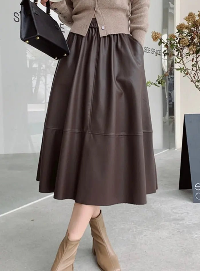 PU Skirts Elastic High Waist Pockets Faux Leather A-line Skirts - Blade & Thread