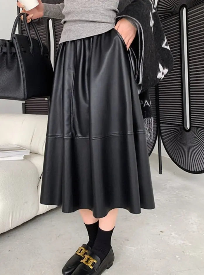 PU Skirts Elastic High Waist Pockets Faux Leather A-line Skirts - Blade & Thread