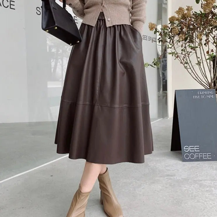 PU Skirts Elastic High Waist Pockets Faux Leather A-line Skirts - Blade & Thread