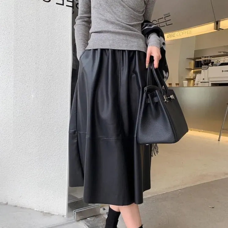 PU Skirts Elastic High Waist Pockets Faux Leather A-line Skirts - Blade & Thread