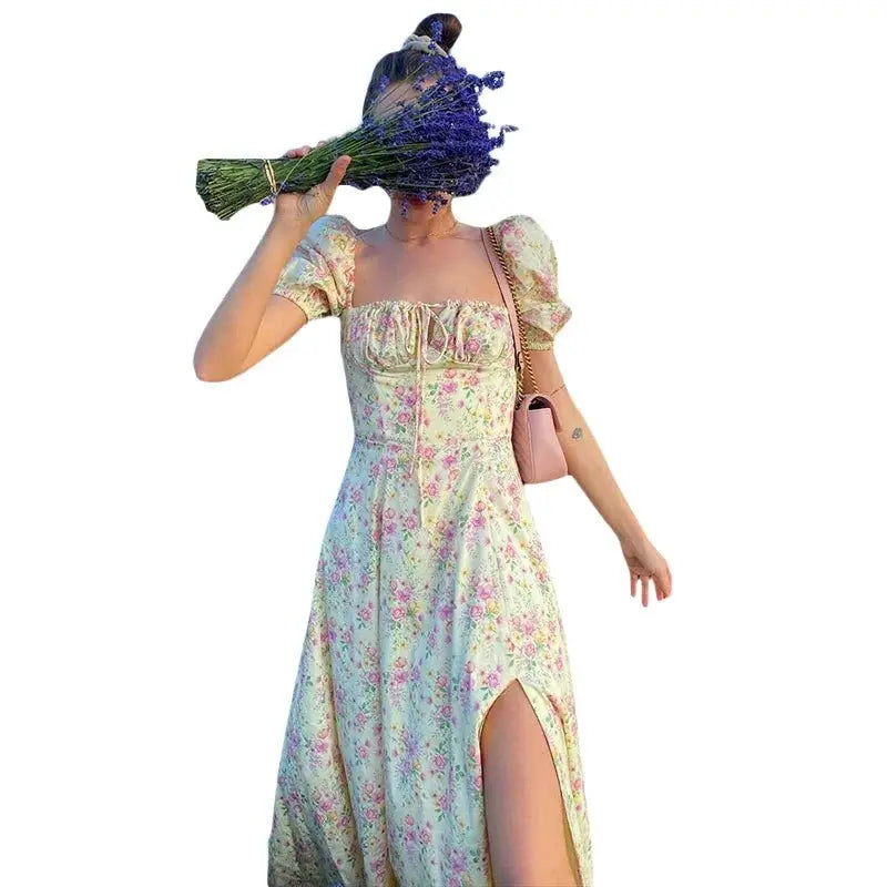 Puff Short Sleeves Lace Up Chest Floral Printed High Splitting Long Skirt - Blade & Thread
