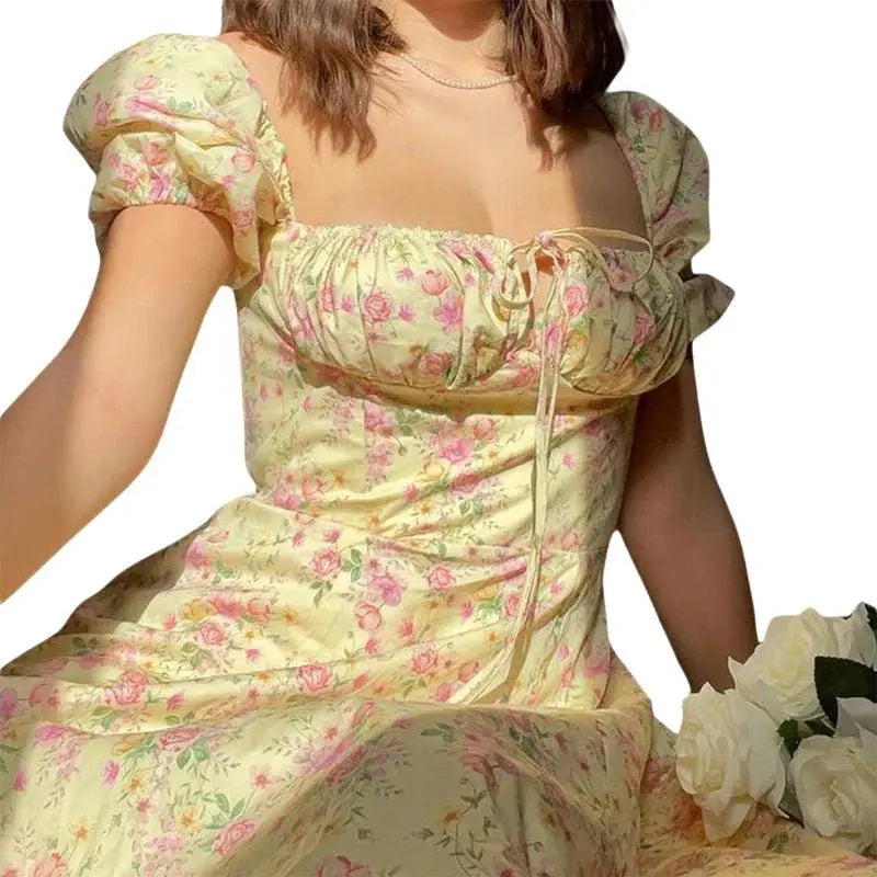 Puff Short Sleeves Lace Up Chest Floral Printed High Splitting Long Skirt - Blade & Thread