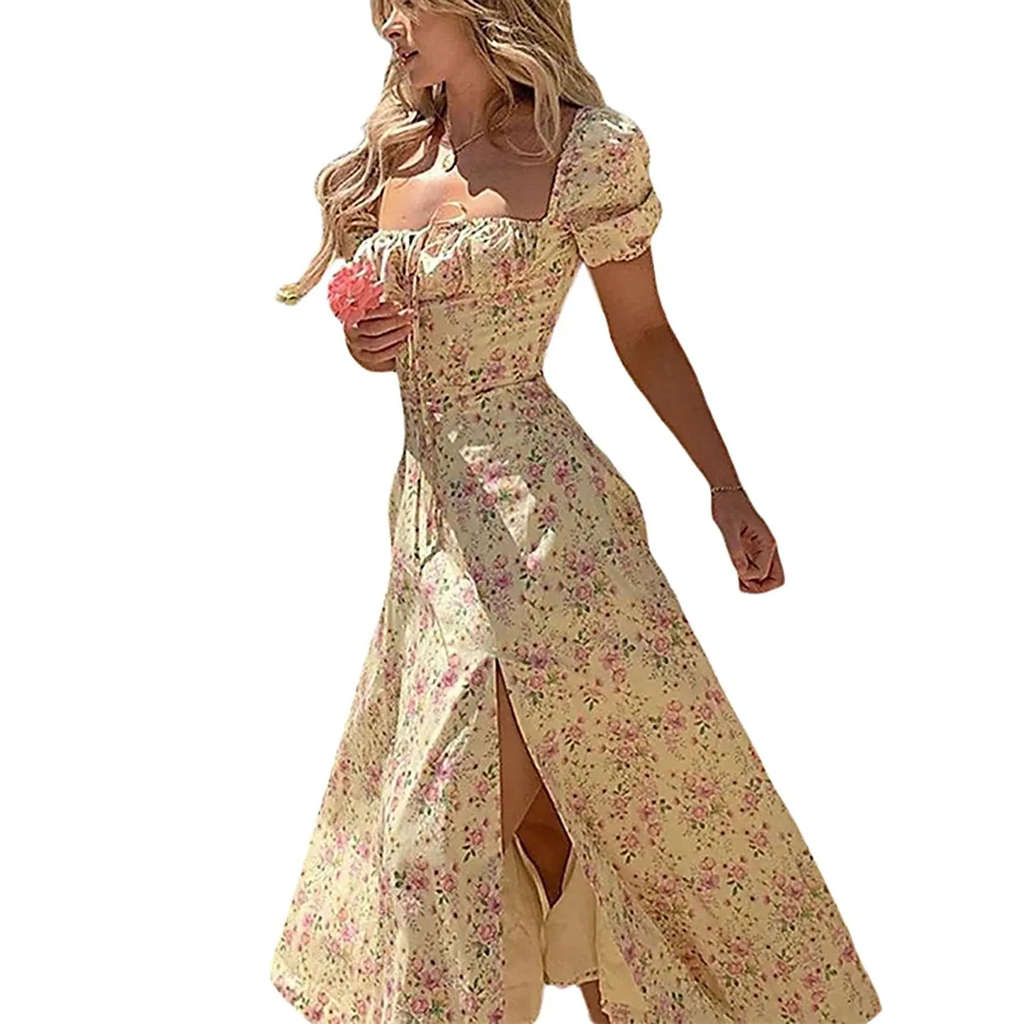 Puff Short Sleeves Lace Up Chest Floral Printed High Splitting Long Skirt - Blade & Thread
