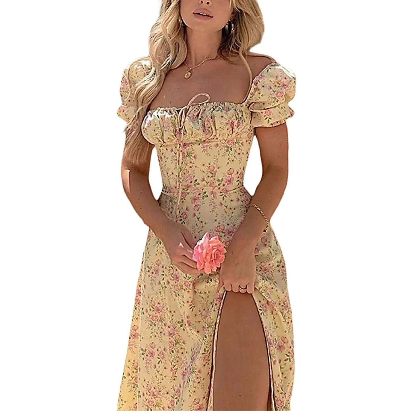 Puff Short Sleeves Lace Up Chest Floral Printed High Splitting Long Skirt - Blade & Thread