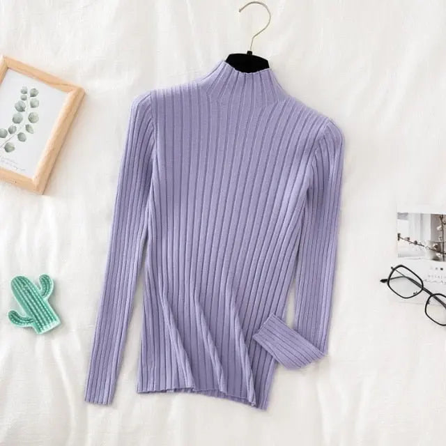 Pullover Ribbed Knitted Sweater Autumn Winter Clothes Women 2021 High Neck Long Sleeve - Blade & Thread