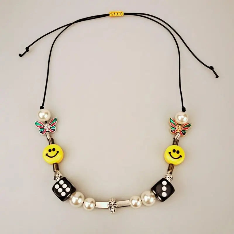 Punk Fashion Rock Pearl Smiley Skull Rope Adjustable Choker Lucky Dice Beaded Streetwear Necklaces - Blade & Thread