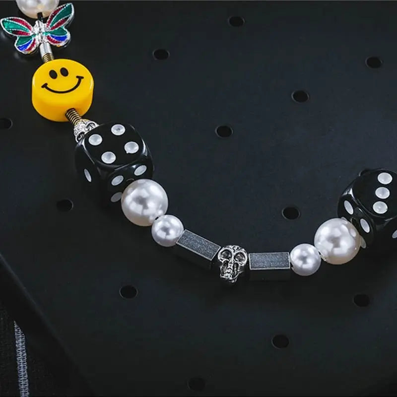 Punk Fashion Rock Pearl Smiley Skull Rope Adjustable Choker Lucky Dice Beaded Streetwear Necklaces - Blade & Thread