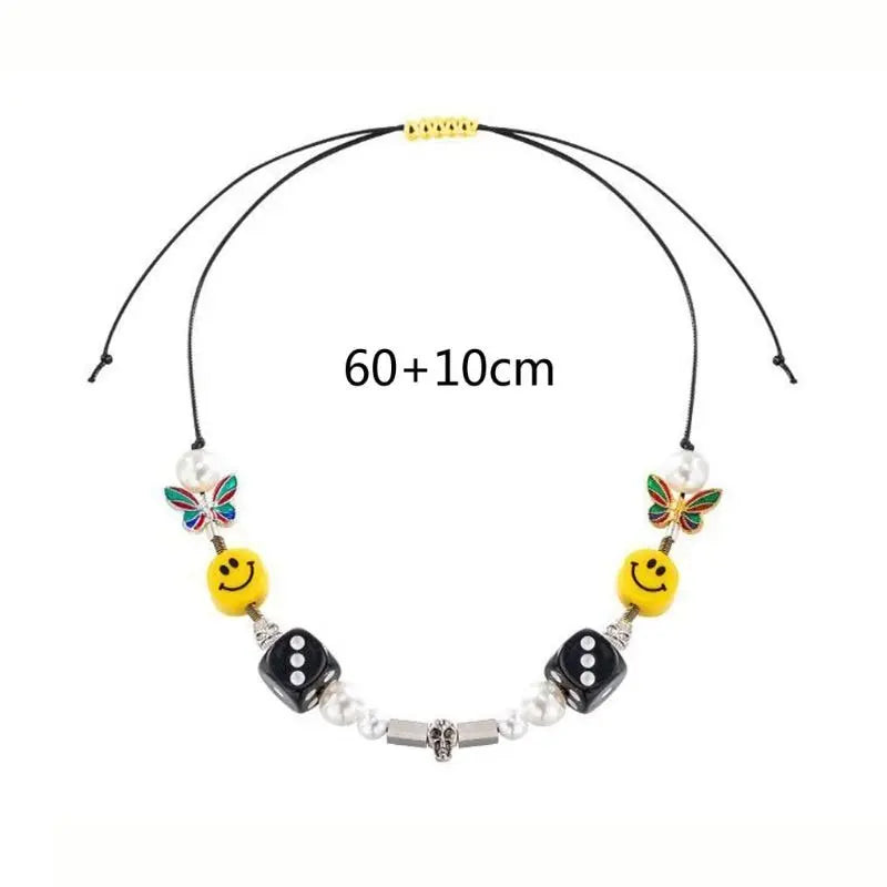 Punk Fashion Rock Pearl Smiley Skull Rope Adjustable Choker Lucky Dice Beaded Streetwear Necklaces - Blade & Thread