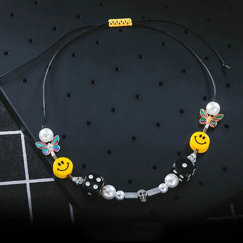 Punk Fashion Rock Pearl Smiley Skull Rope Adjustable Choker Lucky Dice Beaded Streetwear Necklaces - Blade & Thread