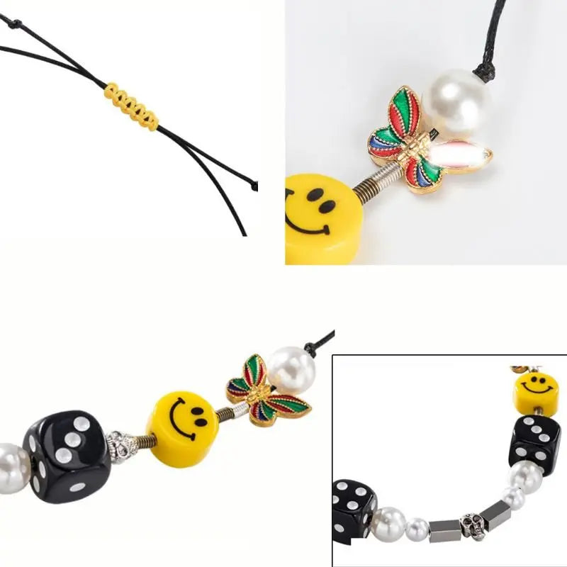 Punk Fashion Rock Pearl Smiley Skull Rope Adjustable Choker Lucky Dice Beaded Streetwear Necklaces - Blade & Thread