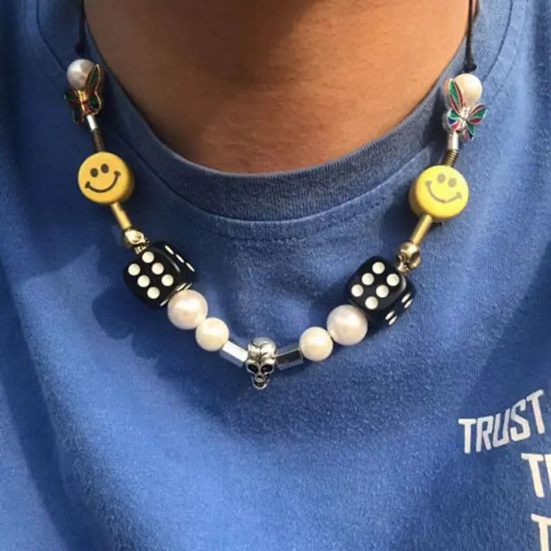 Punk Fashion Rock Pearl Smiley Skull Rope Adjustable Choker Lucky Dice Beaded Streetwear Necklaces - Blade & Thread