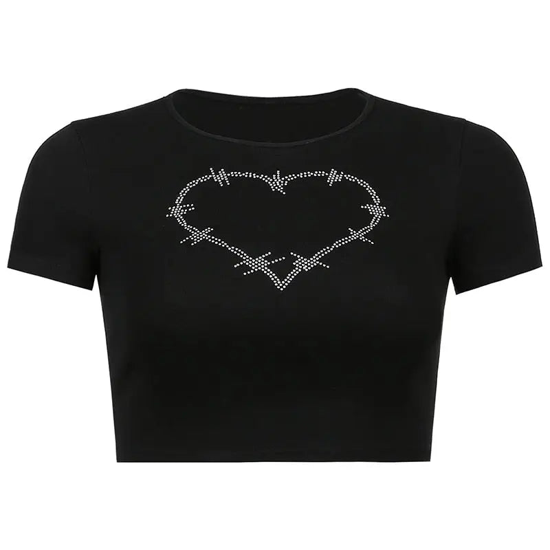 Punk Vintage Rhinestone Spider Goth Graphic T Shirt Women Y2k Style Crop Top O-neck Tshirt - Blade & Thread
