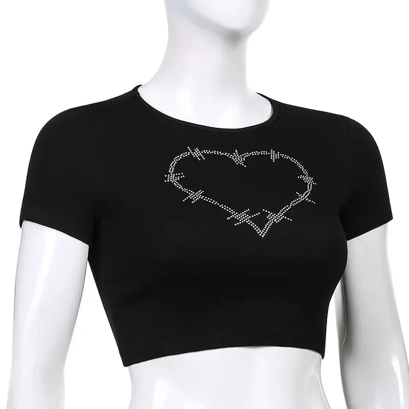 Punk Vintage Rhinestone Spider Goth Graphic T Shirt Women Y2k Style Crop Top O-neck Tshirt - Blade & Thread