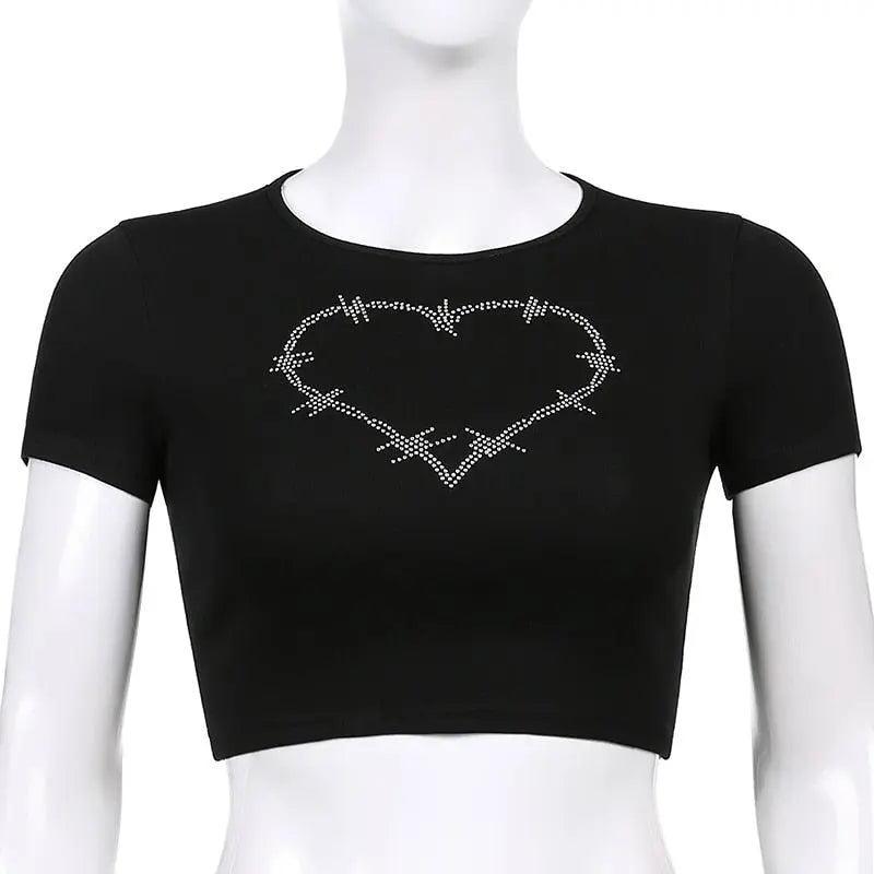 Punk Vintage Rhinestone Spider Goth Graphic T Shirt Women Y2k Style Crop Top O-neck Tshirt - Blade & Thread