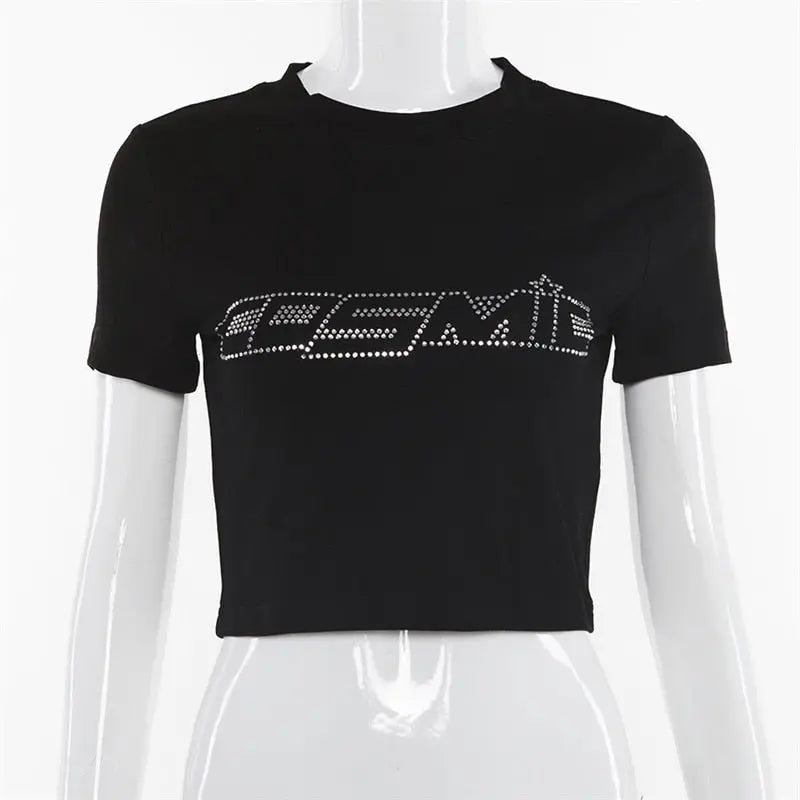Punk Vintage Rhinestone Spider Goth Graphic T Shirt Women Y2k Style Crop Top O-neck Tshirt - Blade & Thread