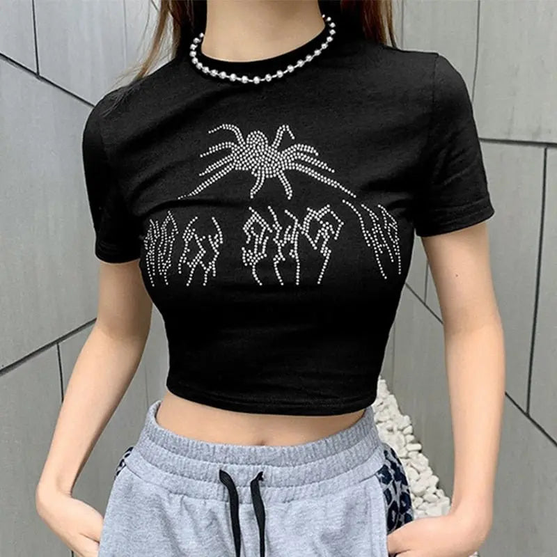 Punk Vintage Rhinestone Spider Goth Graphic T Shirt Women Y2k Style Crop Top O-neck Tshirt - Blade & Thread
