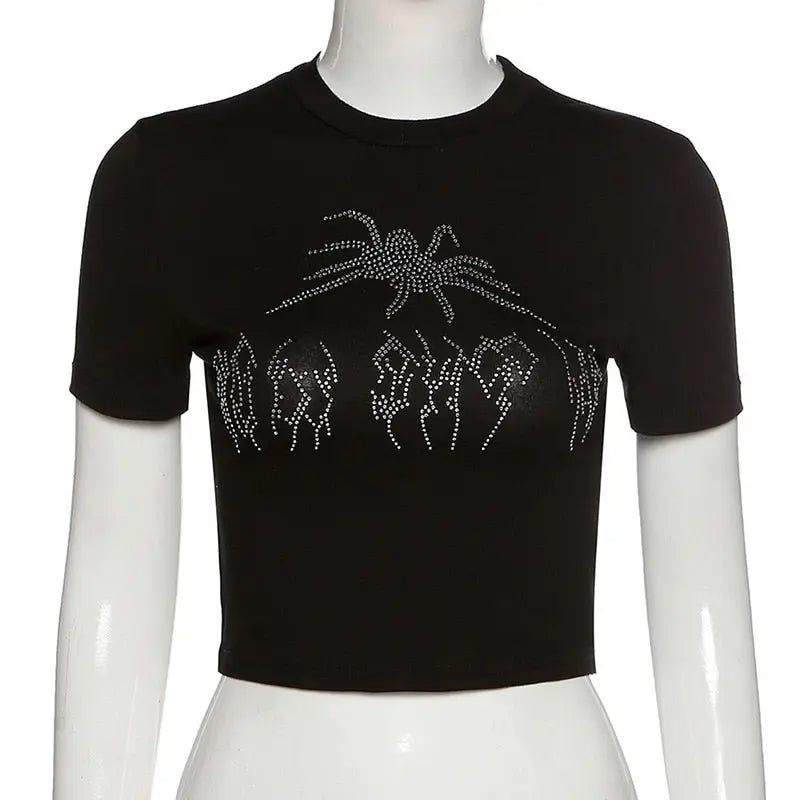 Punk Vintage Rhinestone Spider Goth Graphic T Shirt Women Y2k Style Crop Top O-neck Tshirt - Blade & Thread