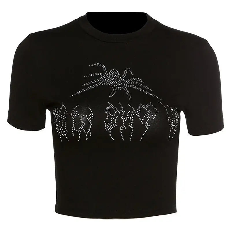 Punk Vintage Rhinestone Spider Goth Graphic T Shirt Women Y2k Style Crop Top O-neck Tshirt - Blade & Thread