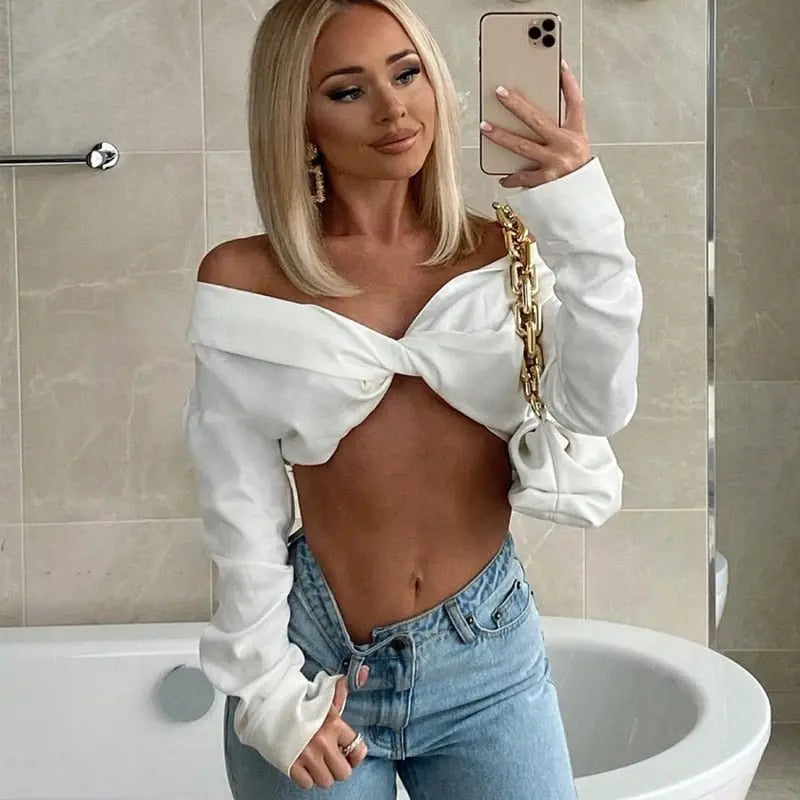 Pure Color Long Sleeves Bodycon Slim Crop Top - Blade & Thread