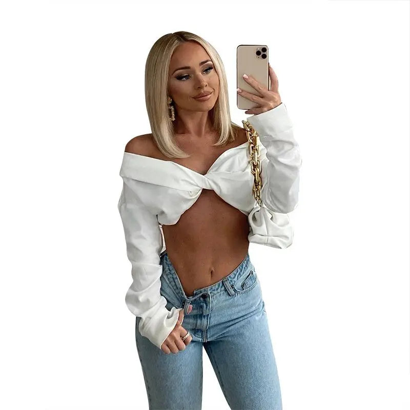Pure Color Long Sleeves Bodycon Slim Crop Top - Blade & Thread