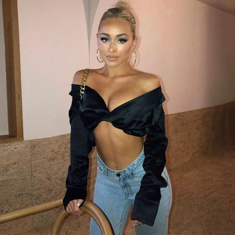 Pure Color Long Sleeves Bodycon Slim Crop Top - Blade & Thread