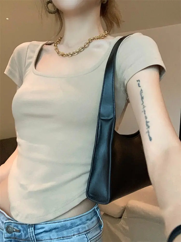 Pure Color Slim Short Sleeve Tees Women 2022 Summer Y2k Crop Fashion Sexy Blouse - Blade & Thread
