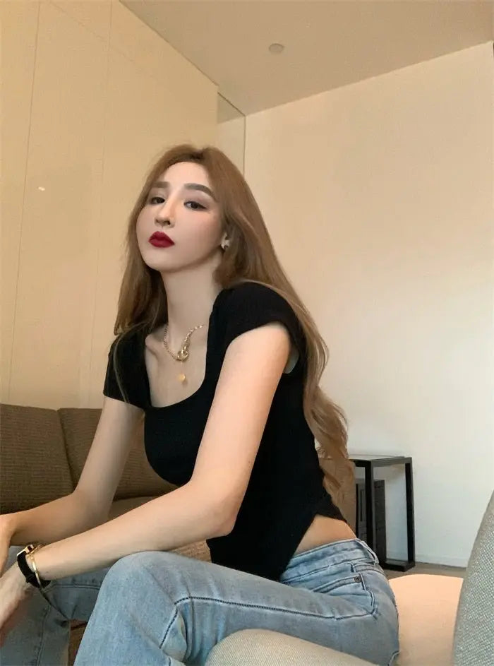 Pure Color Slim Short Sleeve Tees Women 2022 Summer Y2k Crop Fashion Sexy Blouse - Blade & Thread