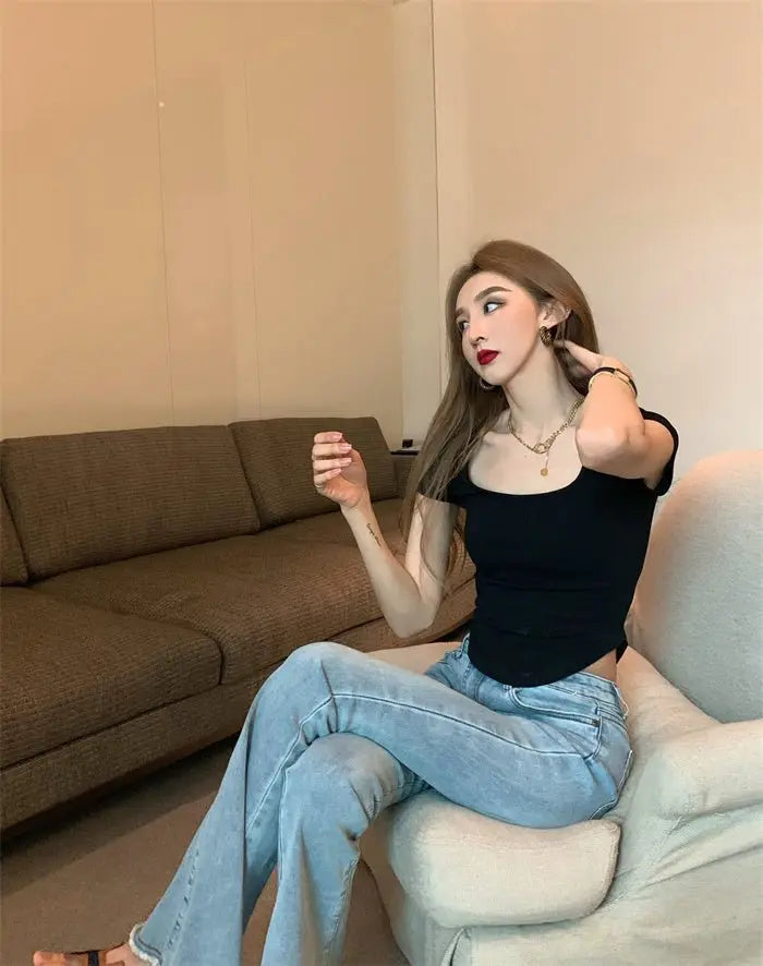 Pure Color Slim Short Sleeve Tees Women 2022 Summer Y2k Crop Fashion Sexy Blouse - Blade & Thread