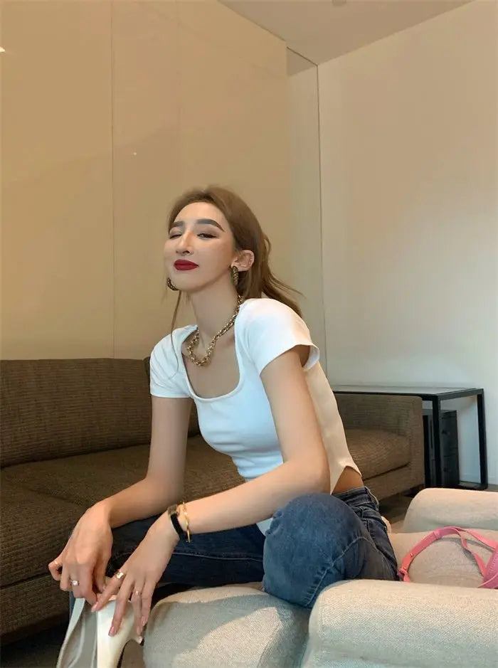Pure Color Slim Short Sleeve Tees Women 2022 Summer Y2k Crop Fashion Sexy Blouse - Blade & Thread