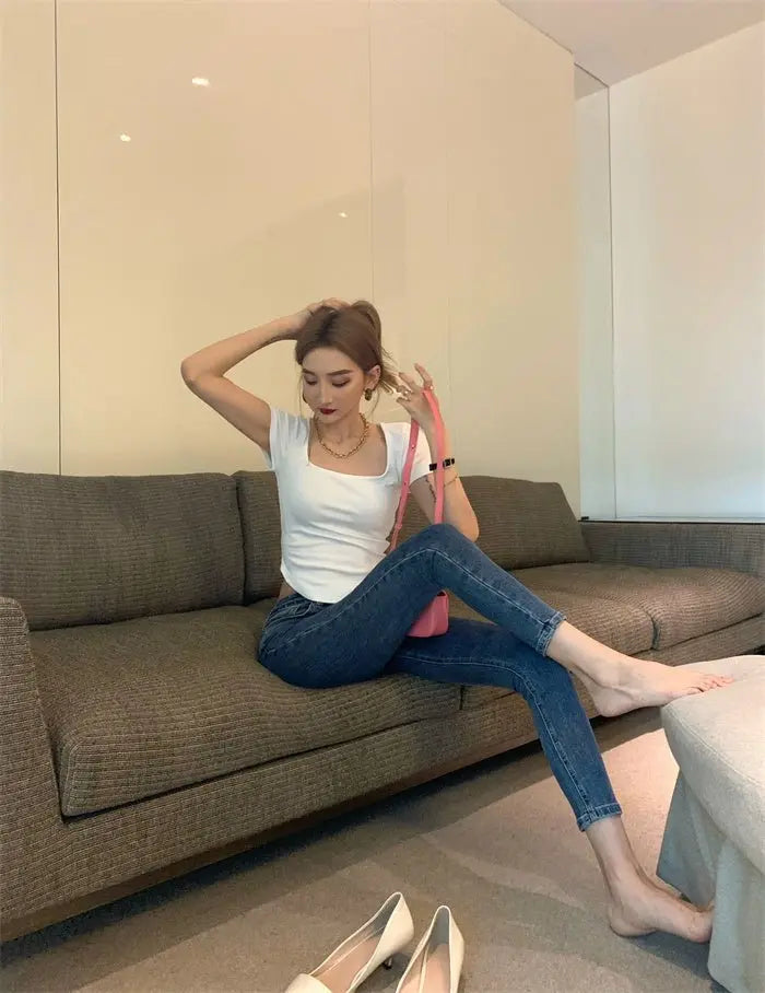 Pure Color Slim Short Sleeve Tees Women 2022 Summer Y2k Crop Fashion Sexy Blouse - Blade & Thread