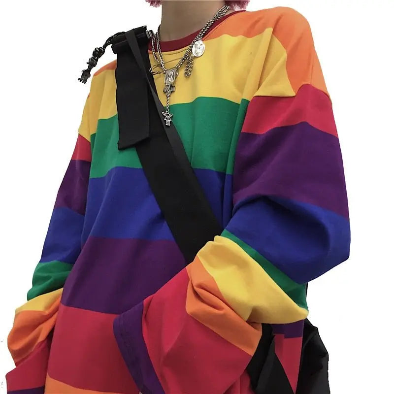 Rainbow Striped Women T Shirts Harajuku Fashion Tops Long Sleeves Oversize Tshirt O-Neck - Blade & Thread