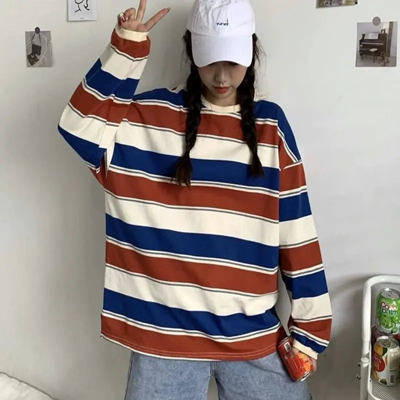 Rainbow Striped Women T Shirts Harajuku Fashion Tops Long Sleeves Oversize Tshirt O-Neck - Blade & Thread