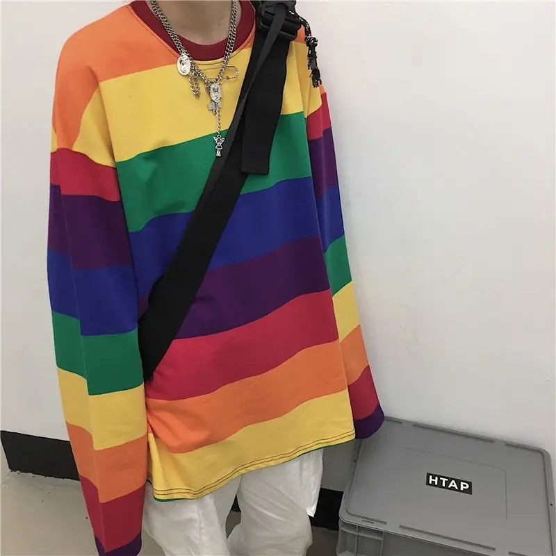 Rainbow Striped Women T Shirts Harajuku Fashion Tops Long Sleeves Oversize Tshirt O-Neck - Blade & Thread
