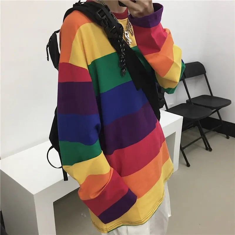 Rainbow Striped Women T Shirts Harajuku Fashion Tops Long Sleeves Oversize Tshirt O-Neck - Blade & Thread