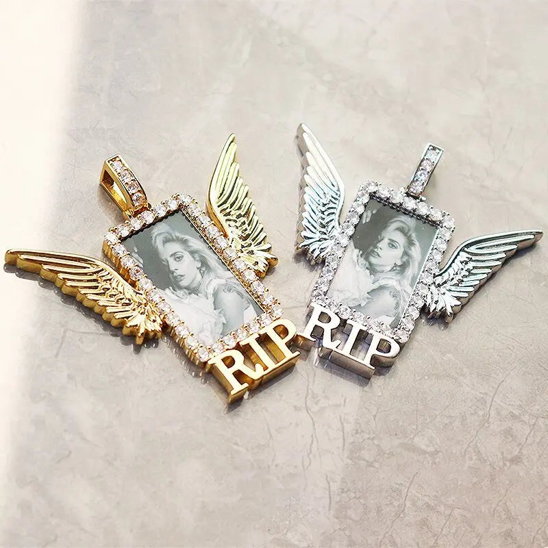 Rectangle Shape Angel Wing Custom Made Photo Pendant Necklace - Blade & Thread