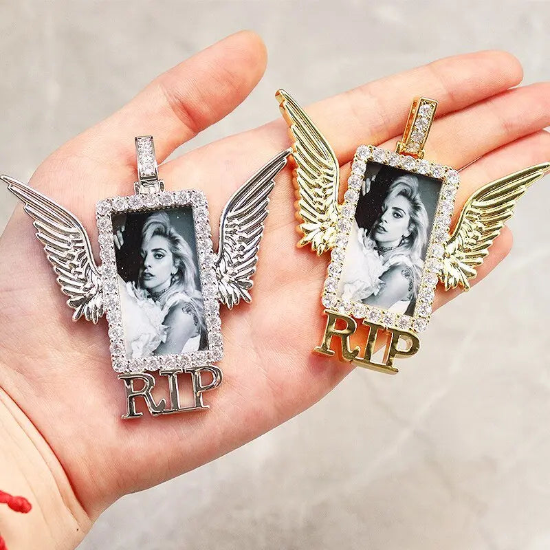 Rectangle Shape Angel Wing Custom Made Photo Pendant Necklace - Blade & Thread