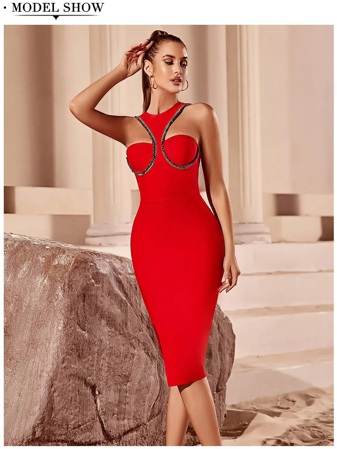 Red Bandage Dress Sleeveless Sexy Celebrity O Neck Hollow Out Dress Vestidos - Blade & Thread