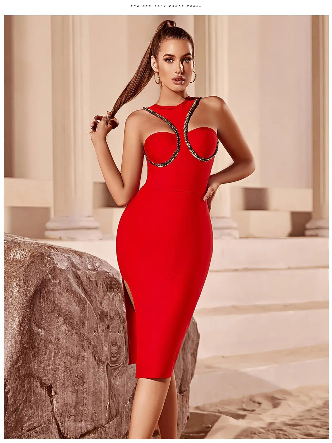 Red Bandage Dress Sleeveless Sexy Celebrity O Neck Hollow Out Dress Vestidos - Blade & Thread