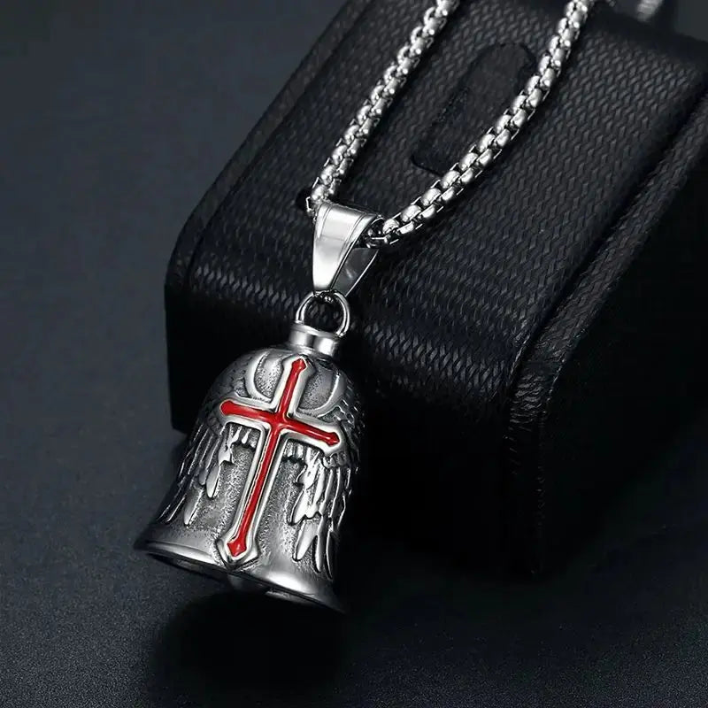Red Cross Silver-Plated Wings Motorcycle Bell Pendant Necklace - Blade & Thread