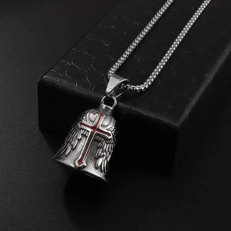 Red Cross Silver-Plated Wings Motorcycle Bell Pendant Necklace - Blade & Thread