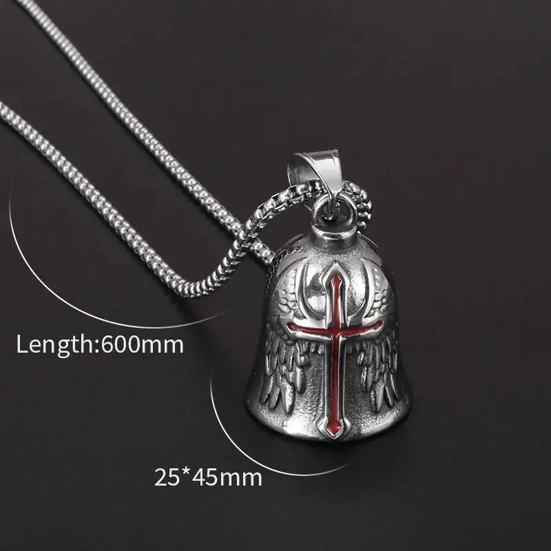 Red Cross Silver-Plated Wings Motorcycle Bell Pendant Necklace - Blade & Thread