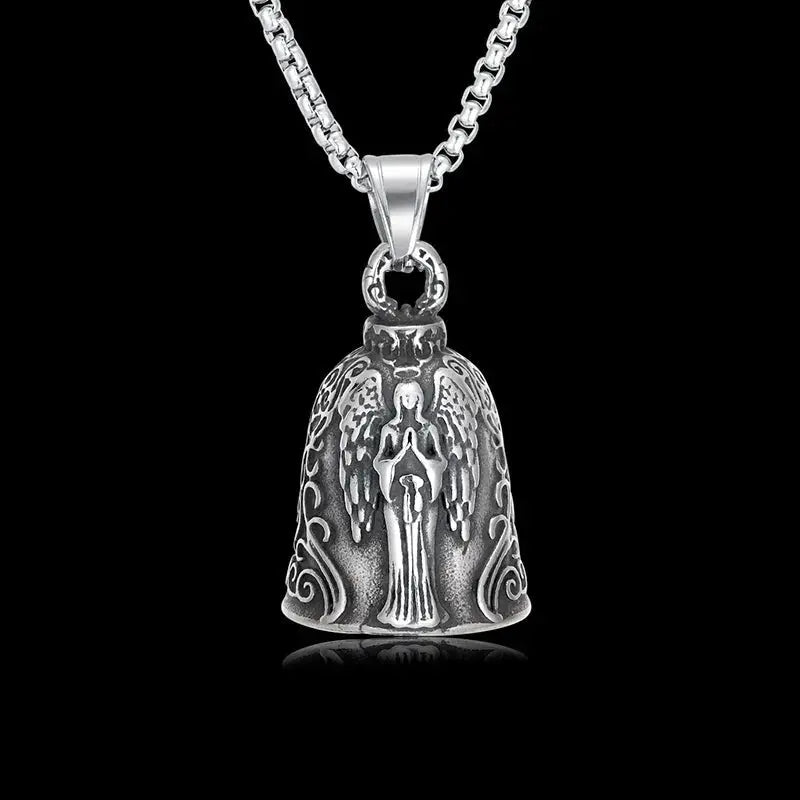 Red Cross Silver-Plated Wings Motorcycle Bell Pendant Necklace - Blade & Thread