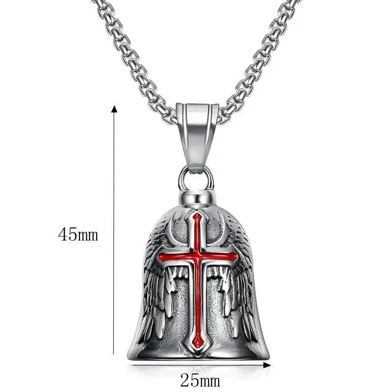 Red Cross Silver-Plated Wings Motorcycle Bell Pendant Necklace - Blade & Thread